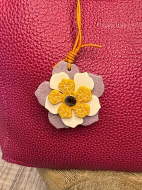 Leather Flower Bag Charm Yellow White Purple Flower Purse Charm Genuine Leather